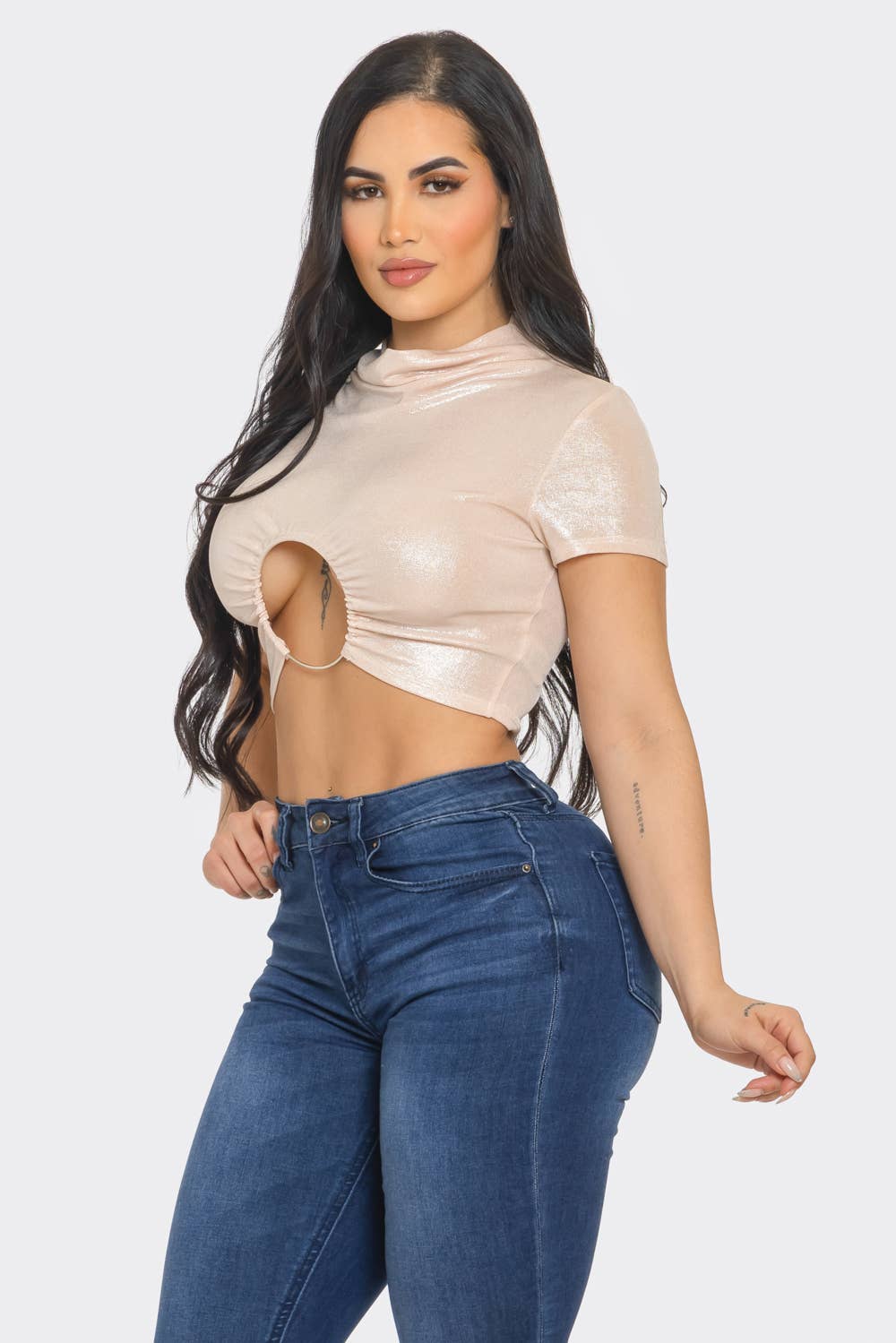 Slinky Foil Front O-Ring Cut Out Shirring Top
