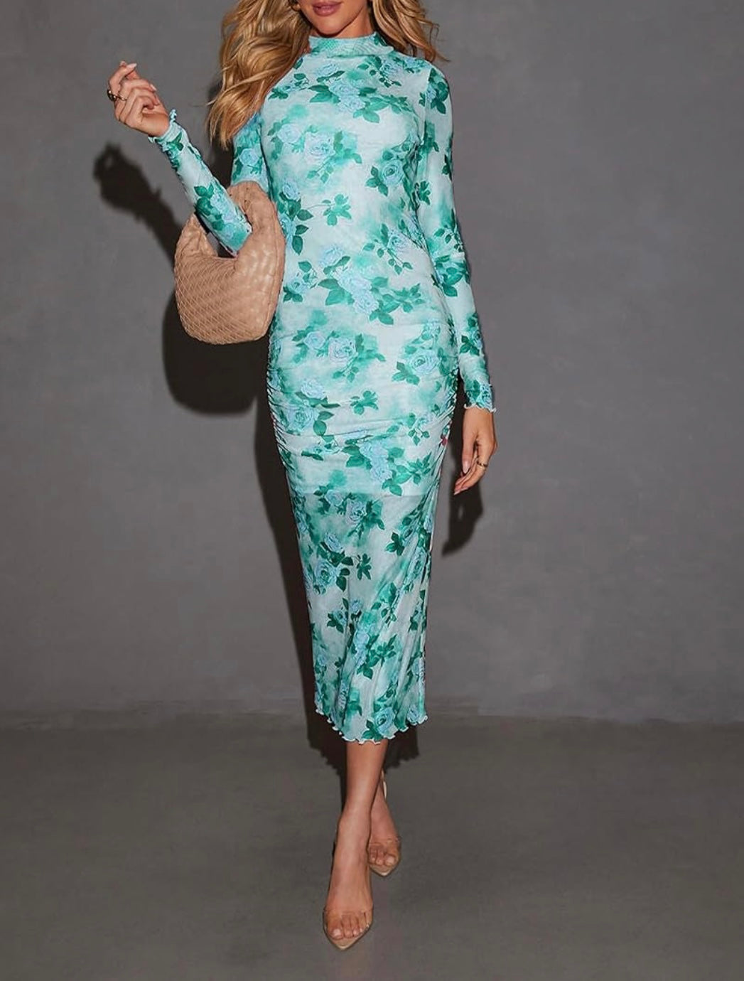 Robes moulantes à manches longues pour femmes, mode printemps, col montant, motif floral