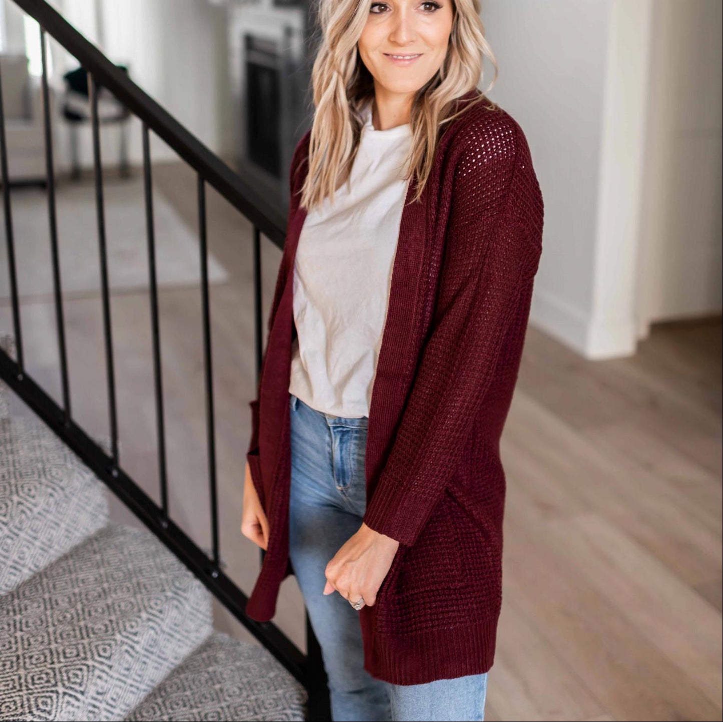 Pull cardigan ouvert à manches longues et poches en tricot gaufré
