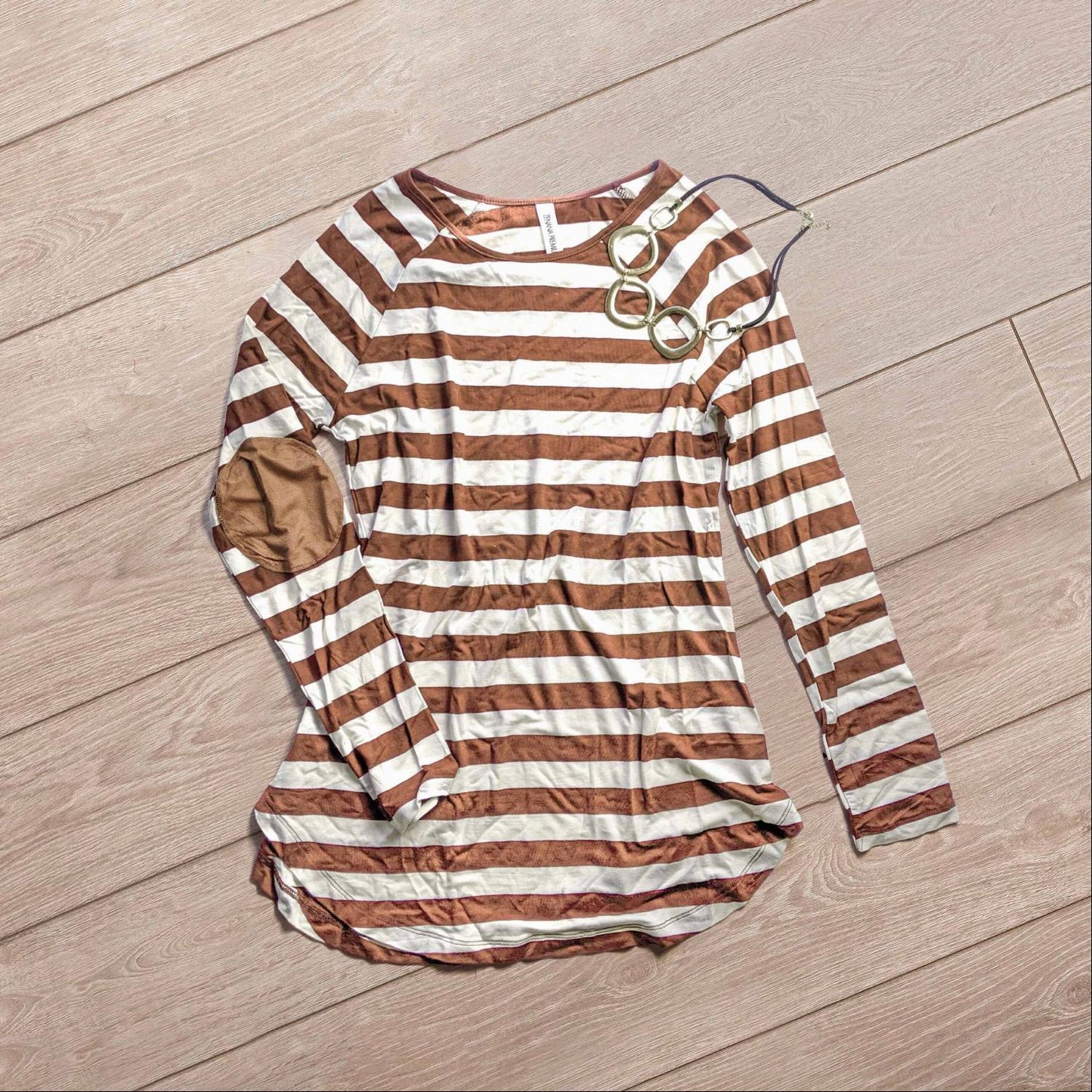 Striped Long Sleeve Boat Neck Top Elbow Patch