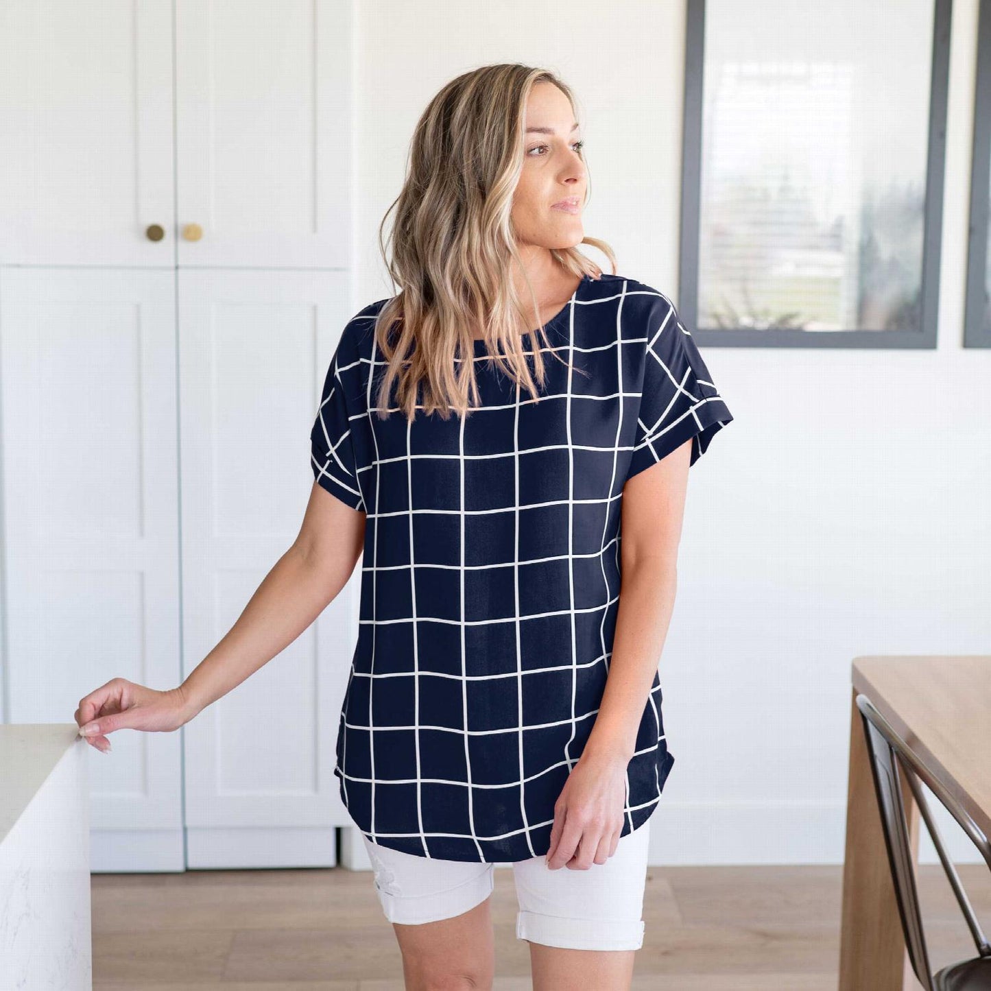 Woven Wool Peach Windowpane Rolled Sleeve Top
