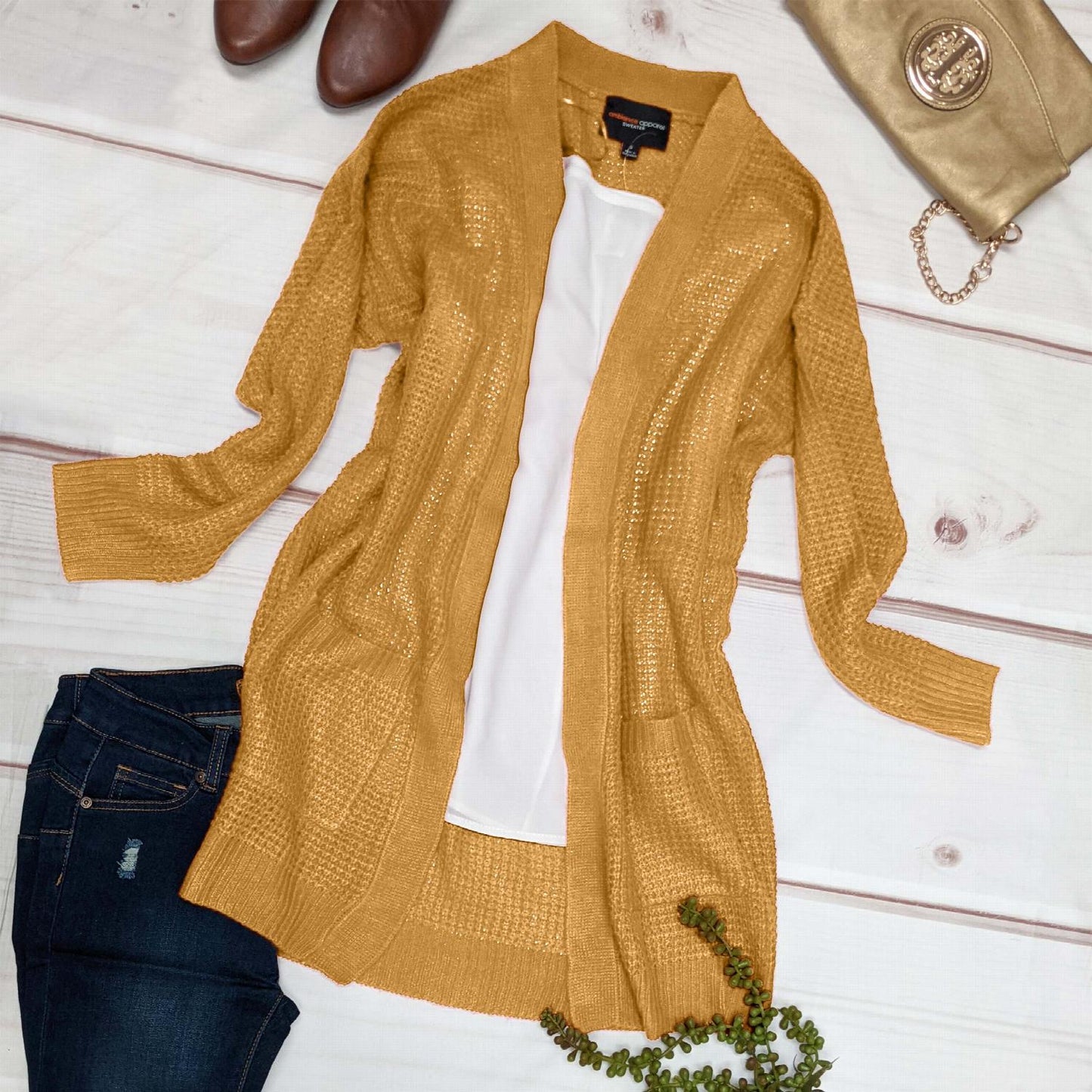 Pull cardigan ouvert à manches longues et poches en tricot gaufré
