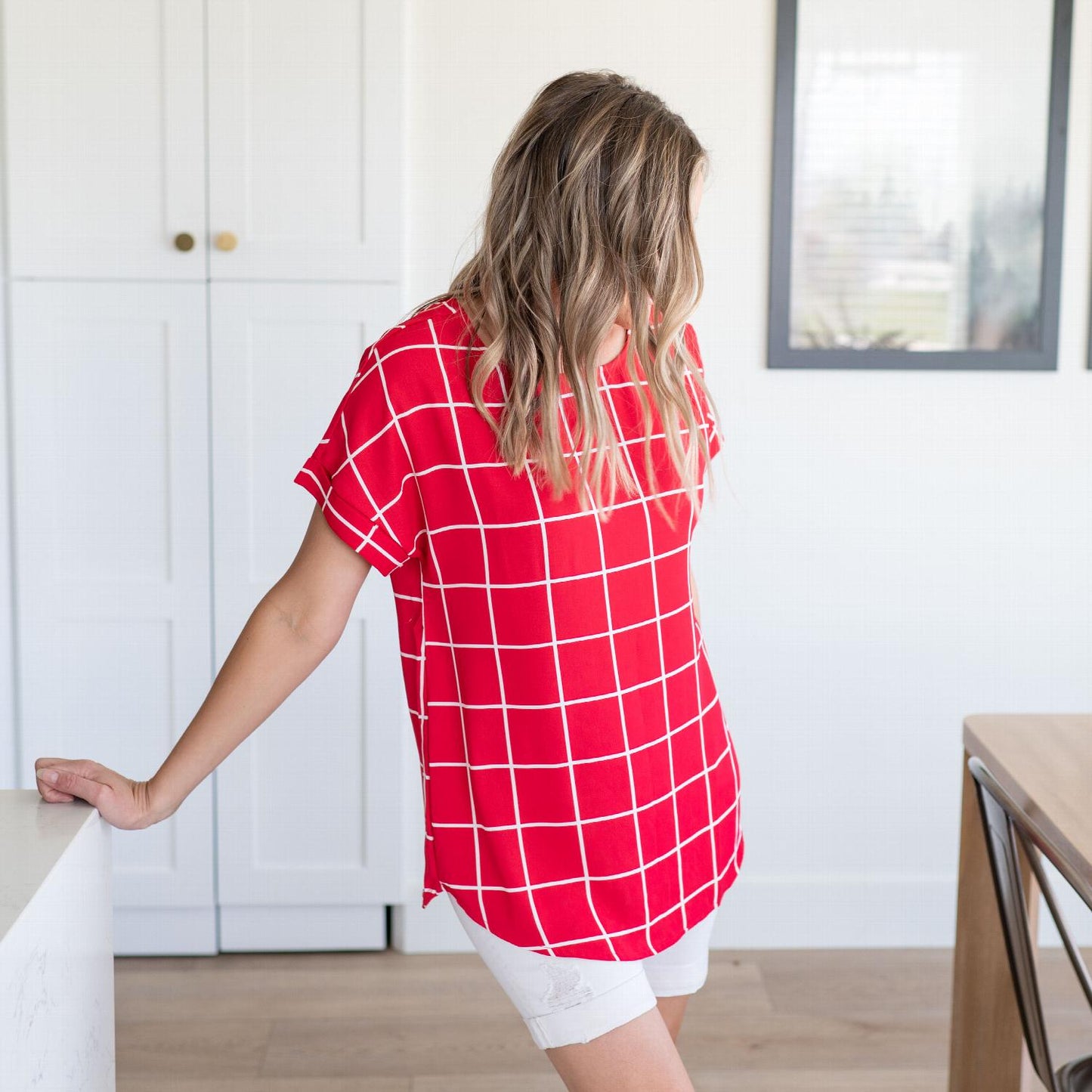 Woven Wool Peach Windowpane Rolled Sleeve Top