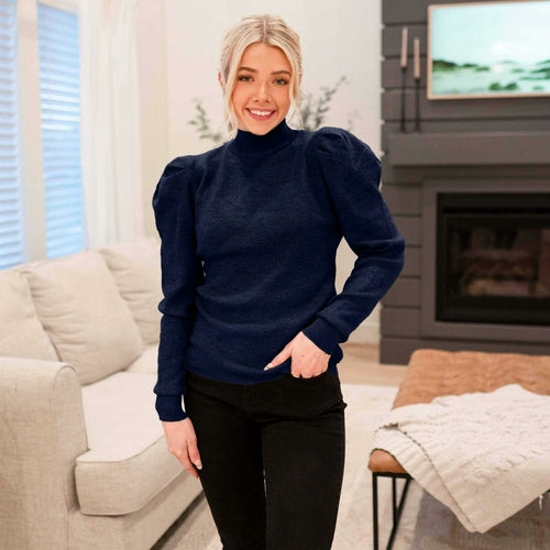 Pull à manches bouffantes et col montant pour femme