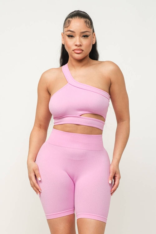 Cut Out One Shoulder Strap Top And Shorts Set