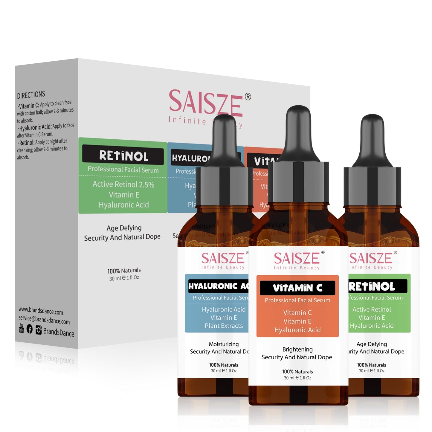 Set de suero facial SAISZE, 3 piezas de suero antienvejecimiento con vitamina C y ácido hialurónico