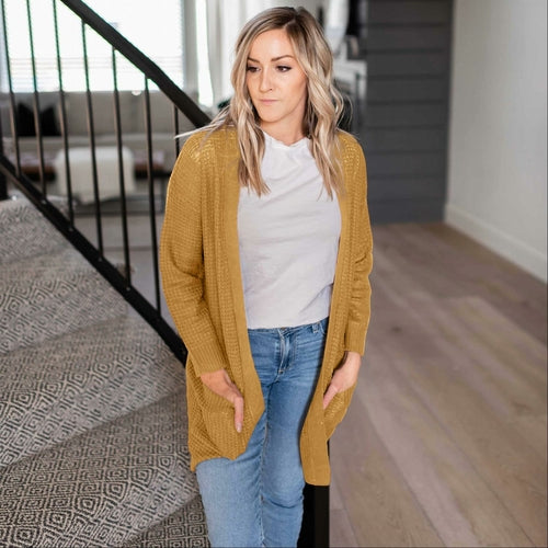 Pull cardigan ouvert à manches longues et poches en tricot gaufré