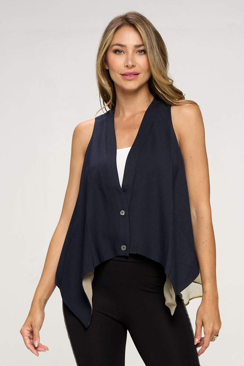 Gilet asymétrique boutonné sans manches avec ourlet superposé