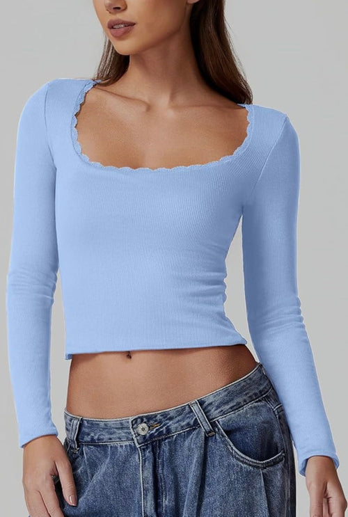Chemise sexy à manches longues et col rond pour femme, coupe slim en dentelle côtelée