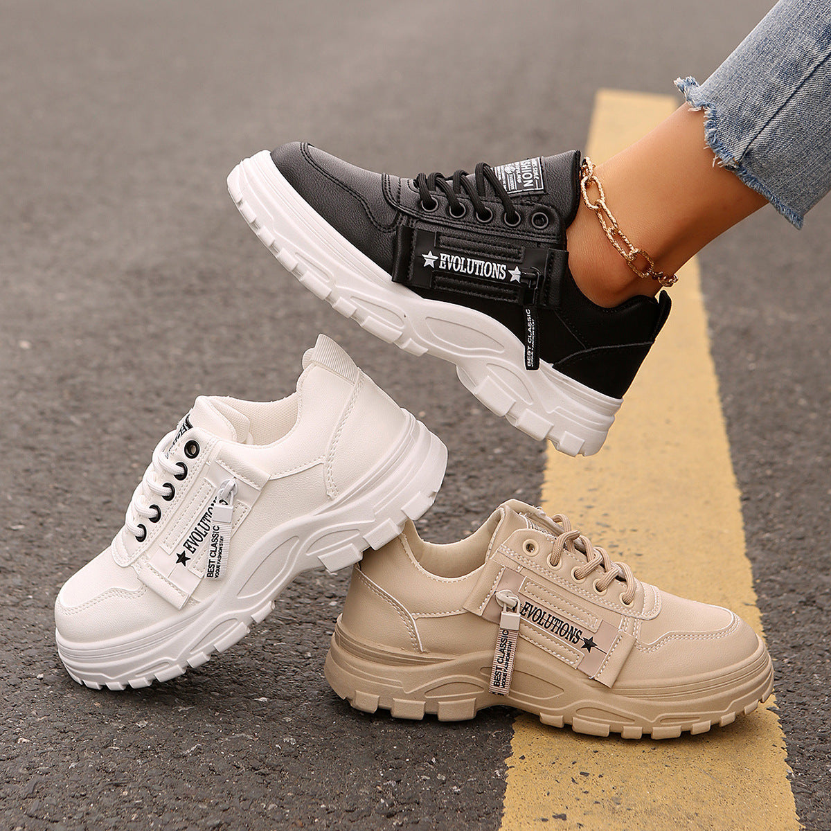 Chaussures de sport à lacets avec fermeture éclair latérale, chaussures décontractées à semelle épaisse et bout rond pour femmes