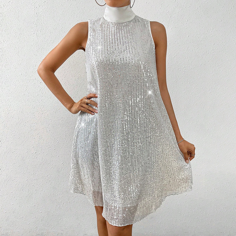 Robe de soirée pailletée sans manches à col montant pour femme