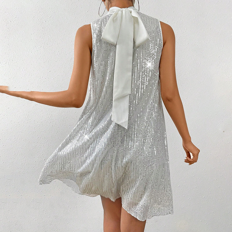 Robe de soirée pailletée sans manches à col montant pour femme