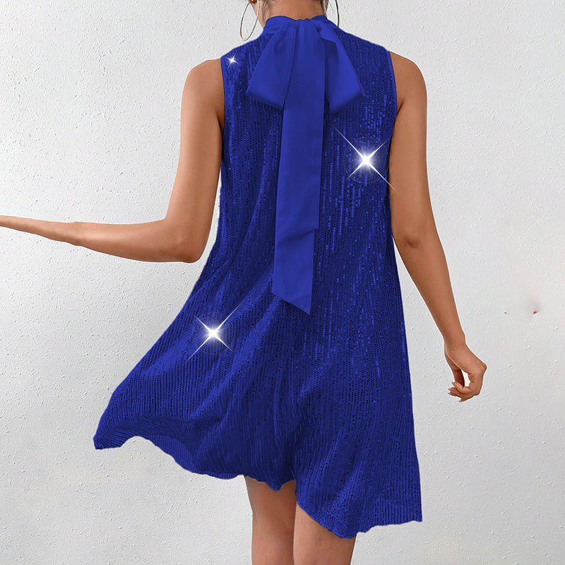 Robe de soirée pailletée sans manches à col montant pour femme
