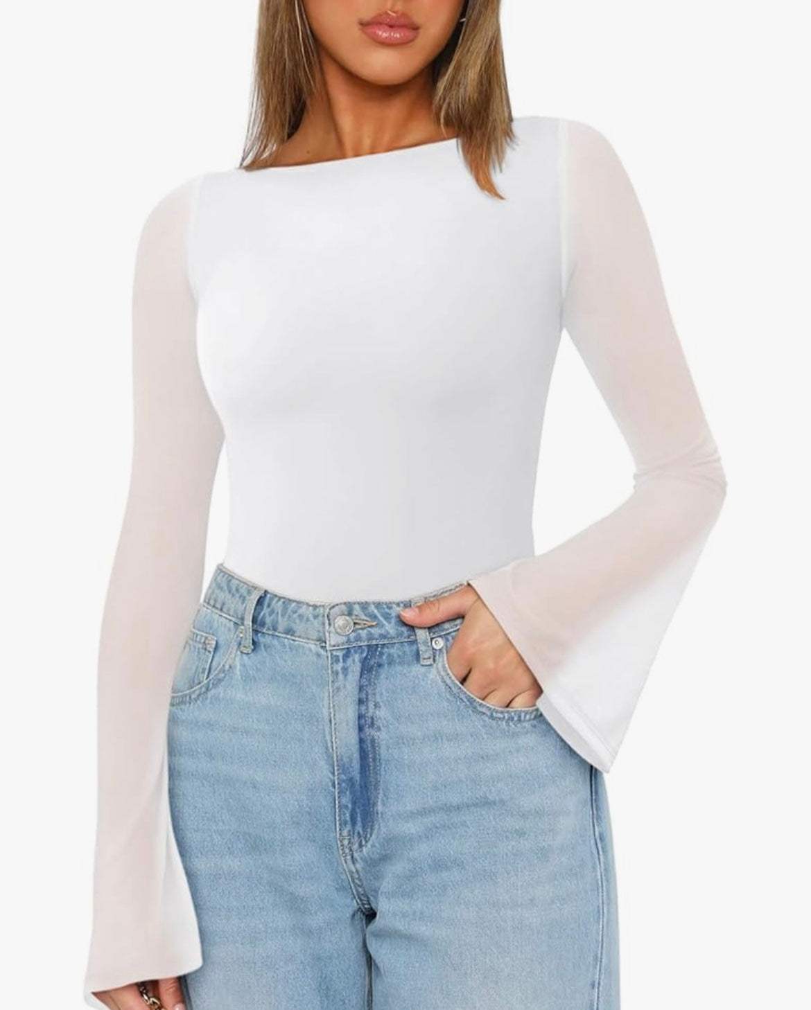 Body sexy en maille transparente pour femme – Col bateau, manches cloches