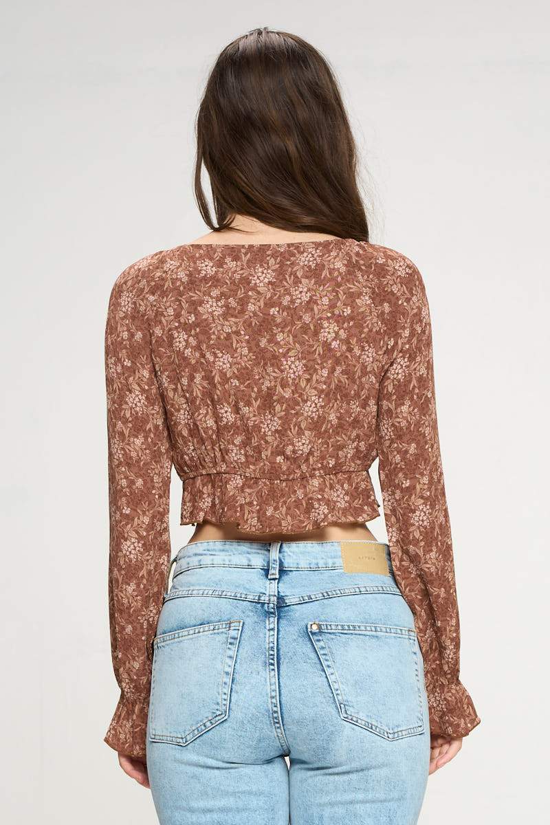 Tie Front Long Sleeve Crop Cardigan Ditsy Floral