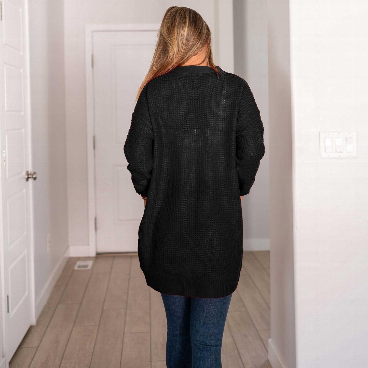 Pull cardigan ouvert à manches longues et poches en tricot gaufré