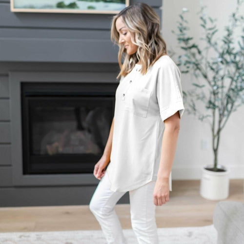 Woven Heavy Span Dobby Button Front Pocket Top