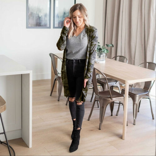 Camouflage Mid-thigh Slouchy Pocket Open Cardigan