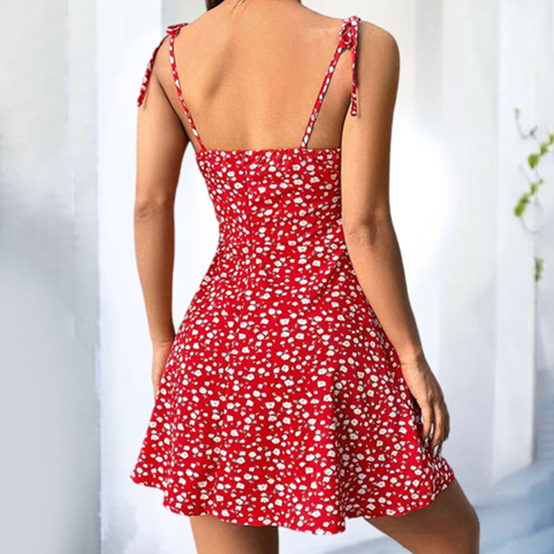 Robe courte fleurie à bretelles spaghetti sans manches, épaules nouées, volants, style bohème d'été