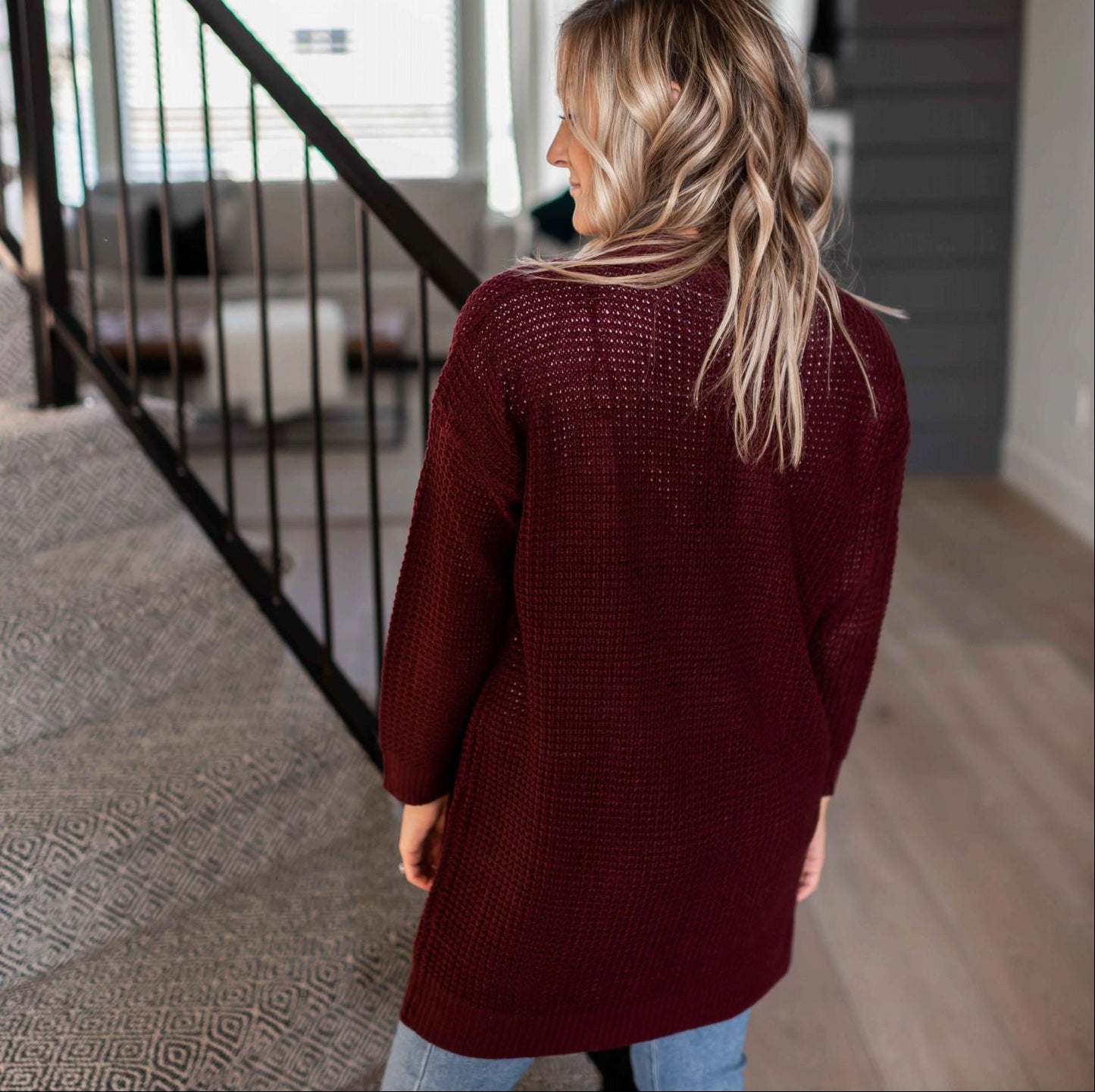 Pull cardigan ouvert à manches longues et poches en tricot gaufré