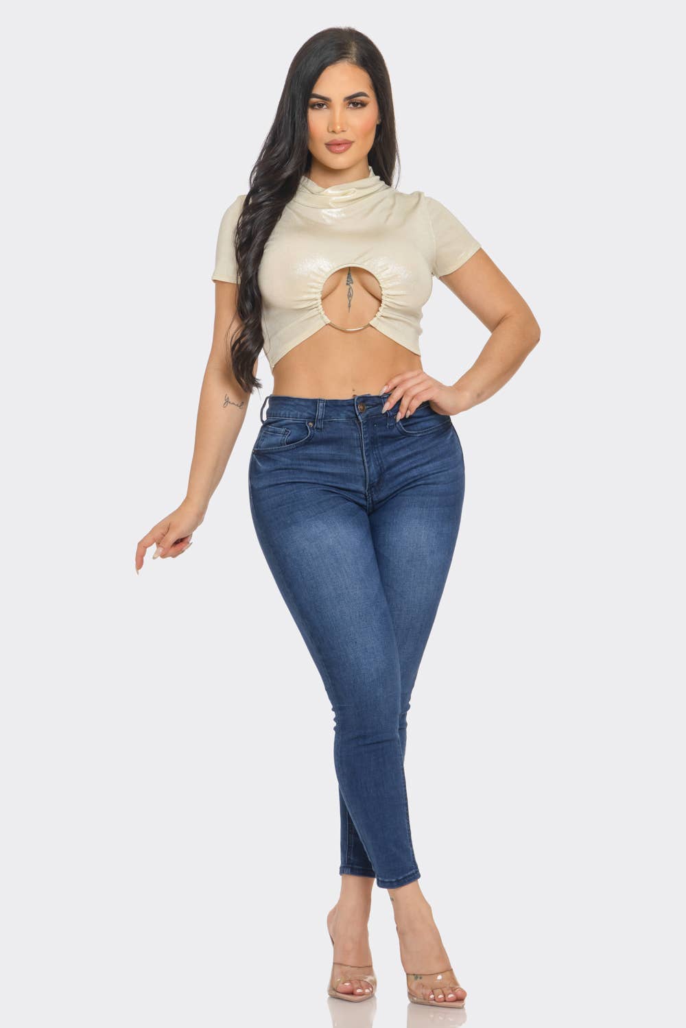 Slinky Foil Front O-Ring Cut Out Shirring Top