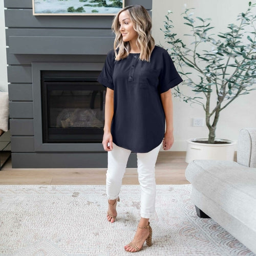 Woven Heavy Span Dobby Button Front Pocket Top