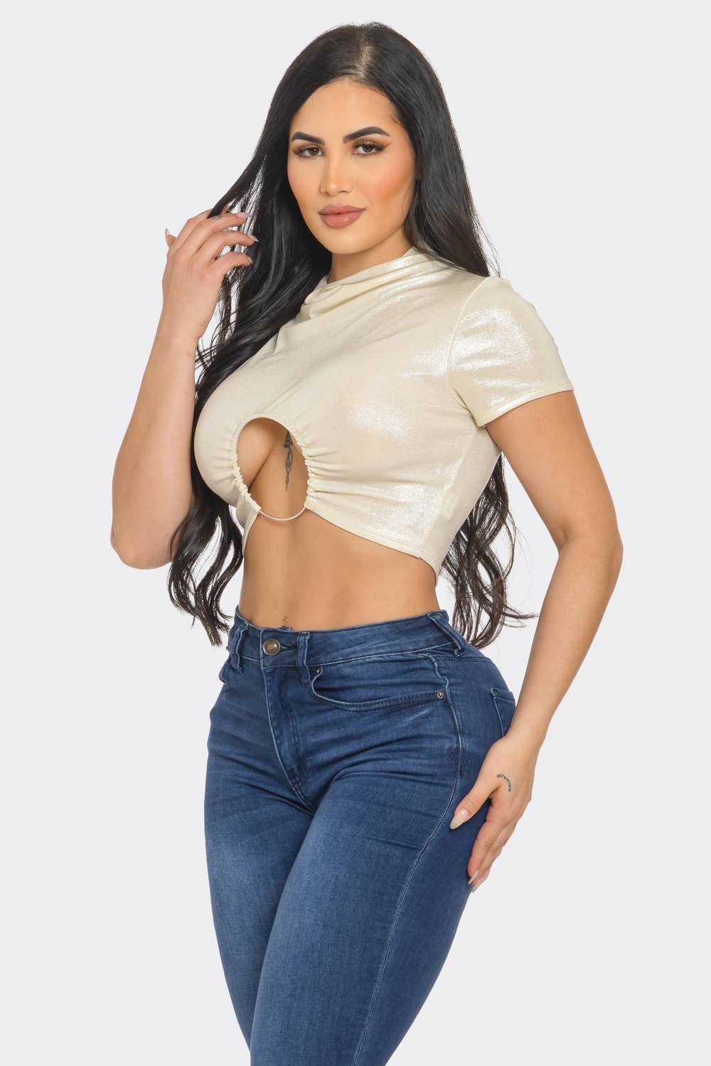 Slinky Foil Front O-Ring Cut Out Shirring Top