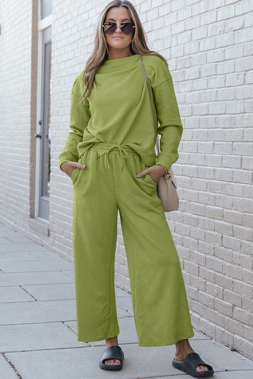 Double Take Full Size Textured Long Sleeve Top and Drawstring Pants