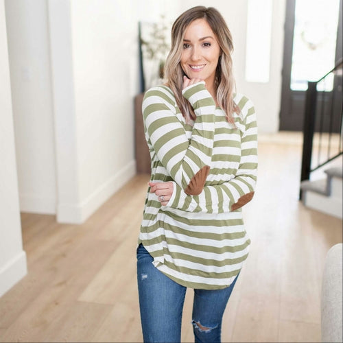 Striped Long Sleeve Boat Neck Top Elbow Patch