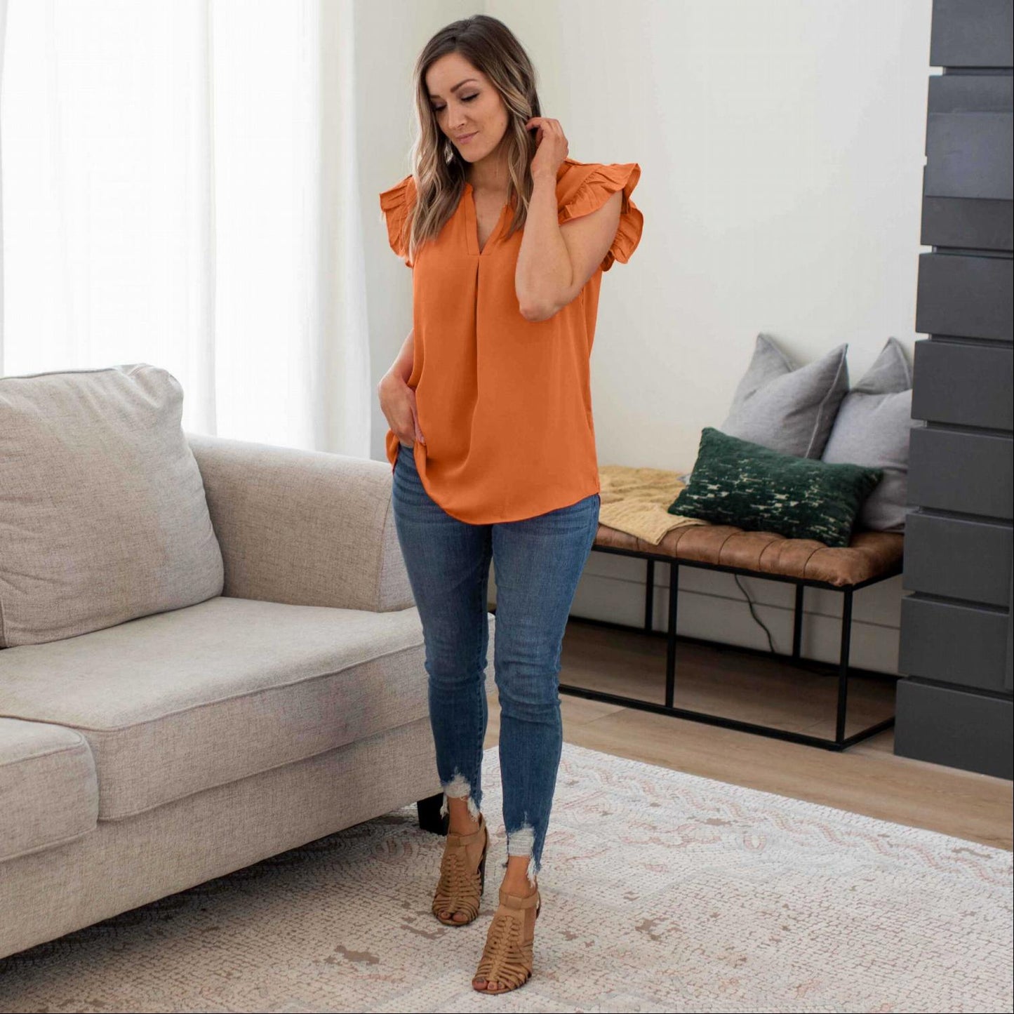 Woven Wool Peach Ruffled Sleeve High-low Top