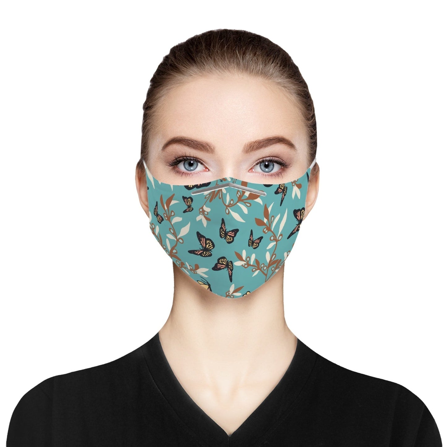Mascarilla facial de tela con diseño de mariposa turquesa para adultos