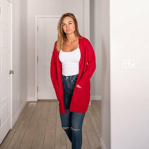 Pull cardigan ouvert à manches longues et poches en tricot gaufré