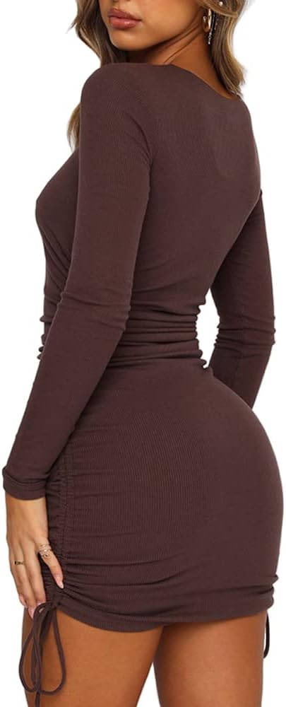Robe moulante courte à manches longues et cordon de serrage pour femme