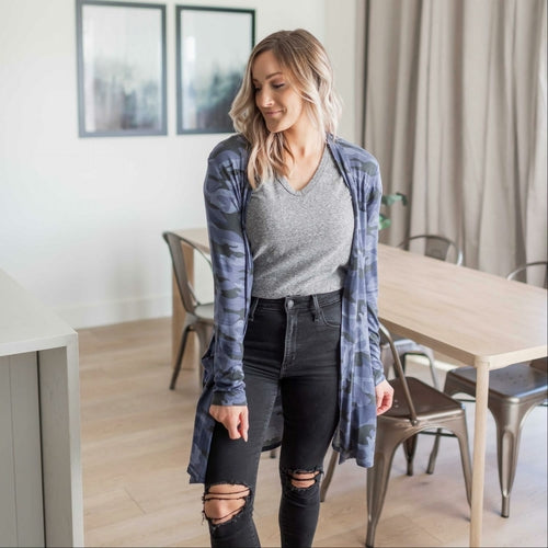Camouflage Mid-thigh Slouchy Pocket Open Cardigan