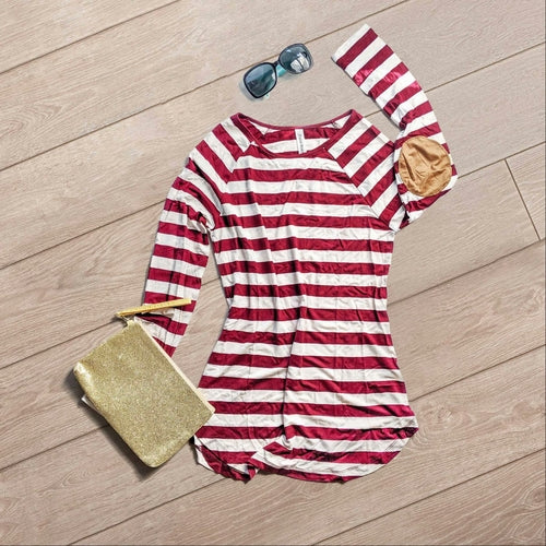 Striped Long Sleeve Boat Neck Top Elbow Patch