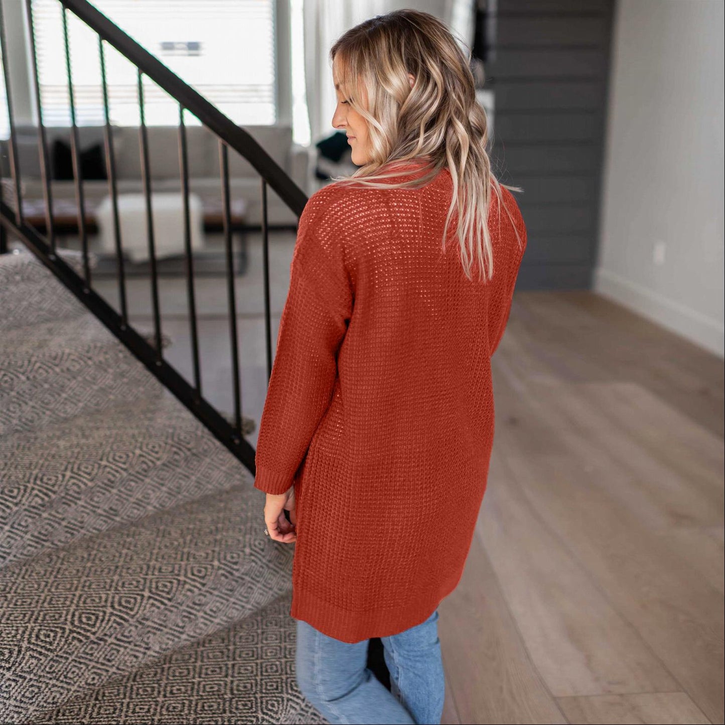 Pull cardigan ouvert à manches longues et poches en tricot gaufré