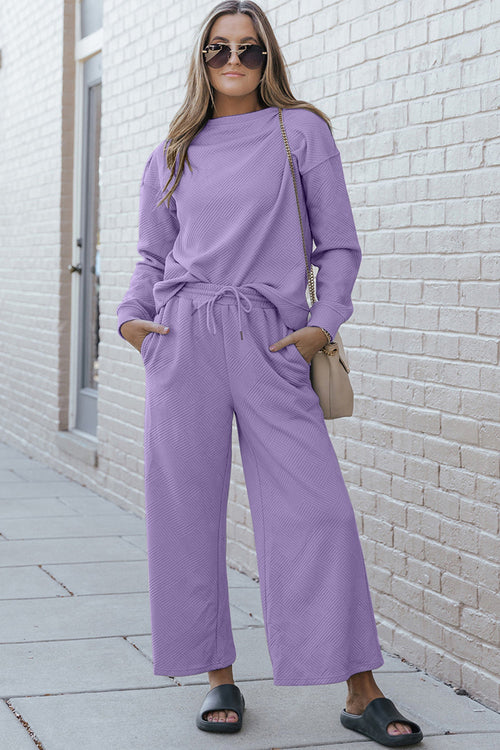 Double Take Full Size Textured Long Sleeve Top and Drawstring Pants