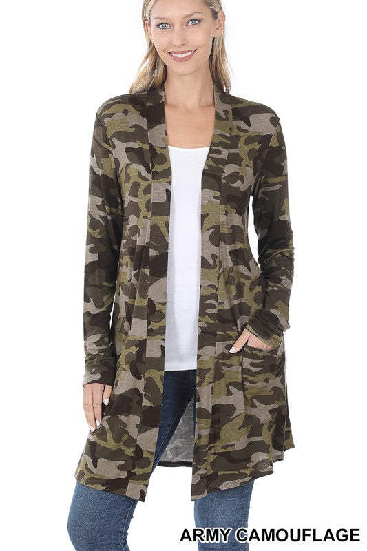 Camouflage Mid-thigh Slouchy Pocket Open Cardigan