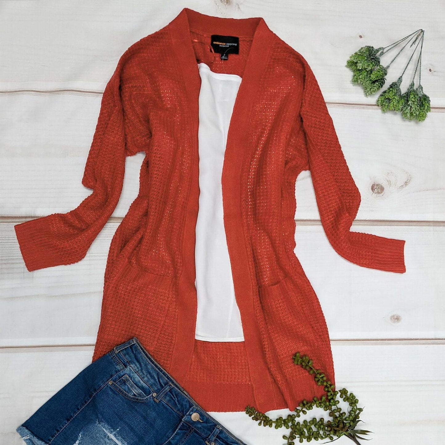 Pull cardigan ouvert à manches longues et poches en tricot gaufré