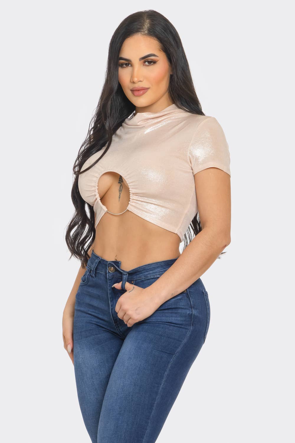 Slinky Foil Front O-Ring Cut Out Shirring Top