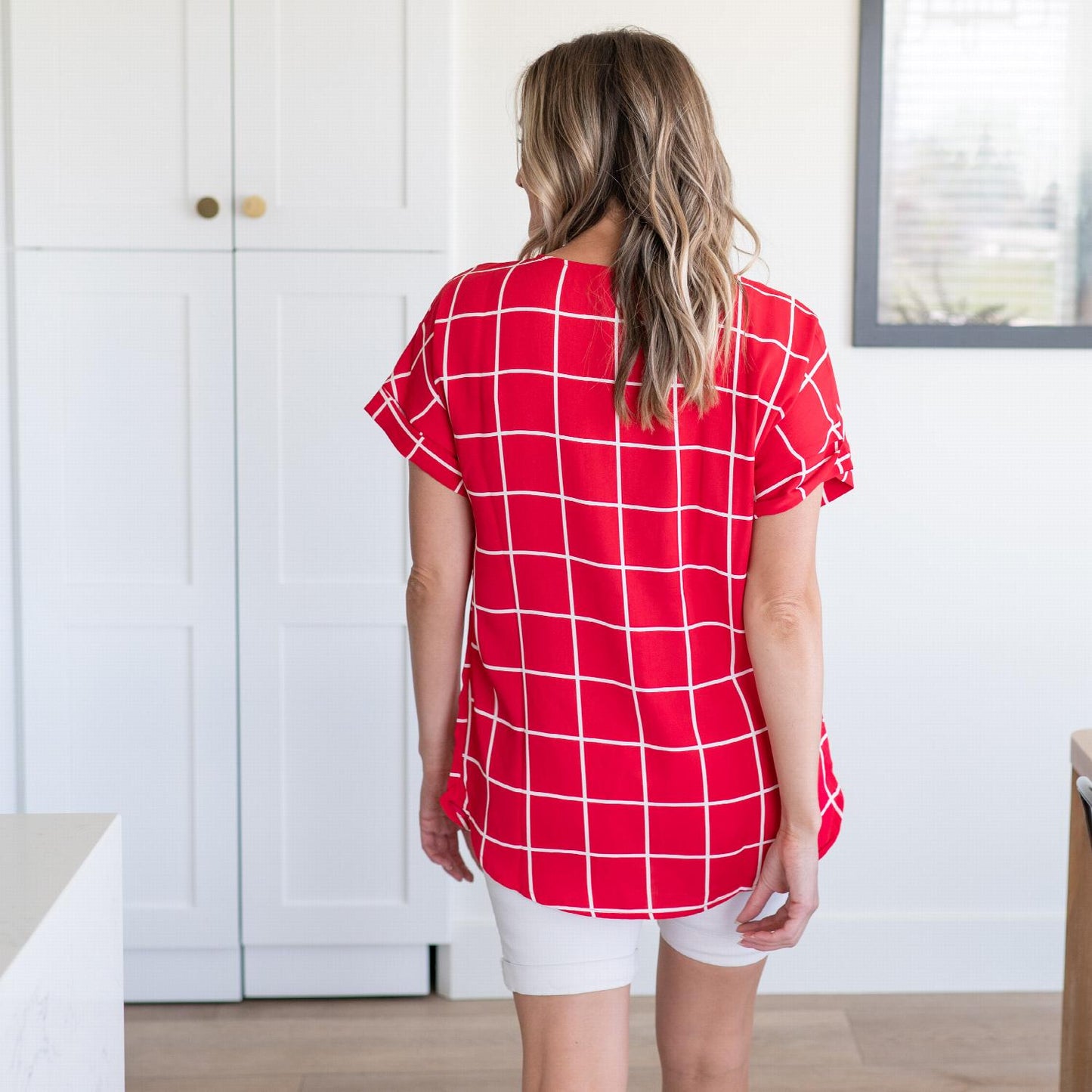 Woven Wool Peach Windowpane Rolled Sleeve Top