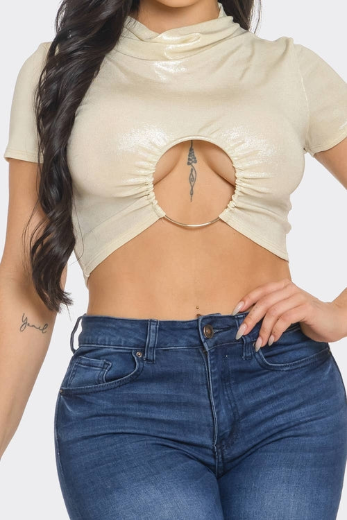 Slinky Foil Front O-Ring Cut Out Shirring Top