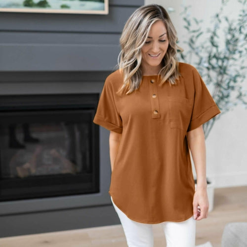 Woven Heavy Span Dobby Button Front Pocket Top