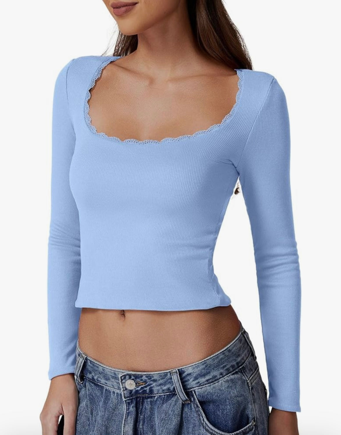 Chemise sexy à manches longues et col rond pour femme, coupe slim en dentelle côtelée