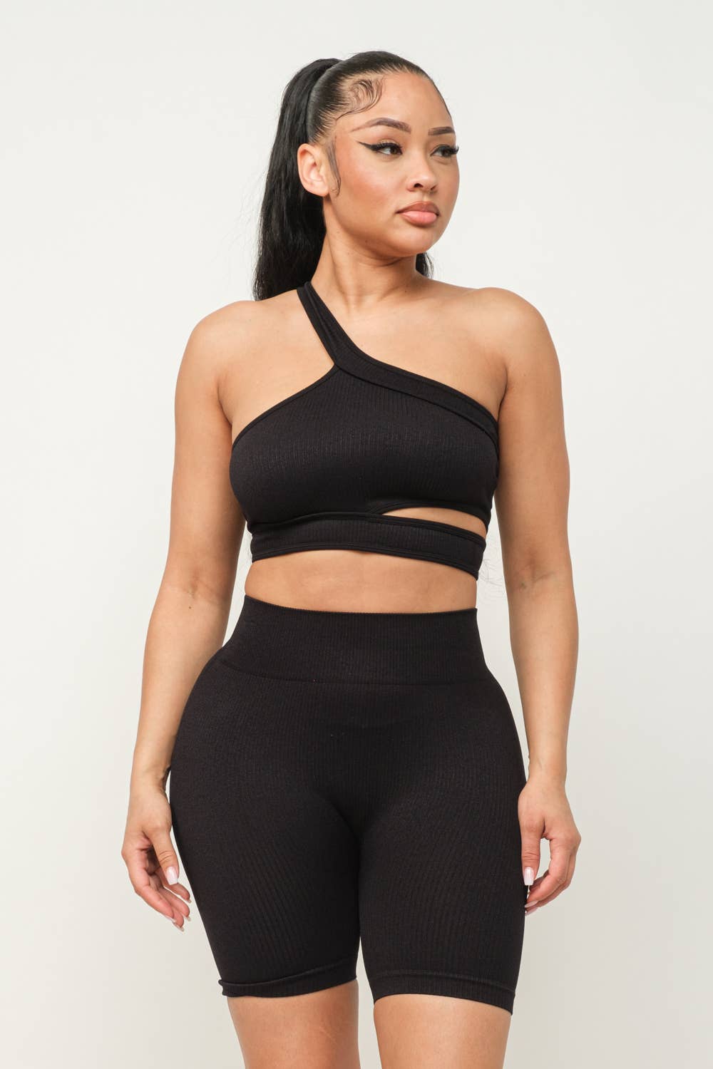 Cut Out One Shoulder Strap Top And Shorts Set