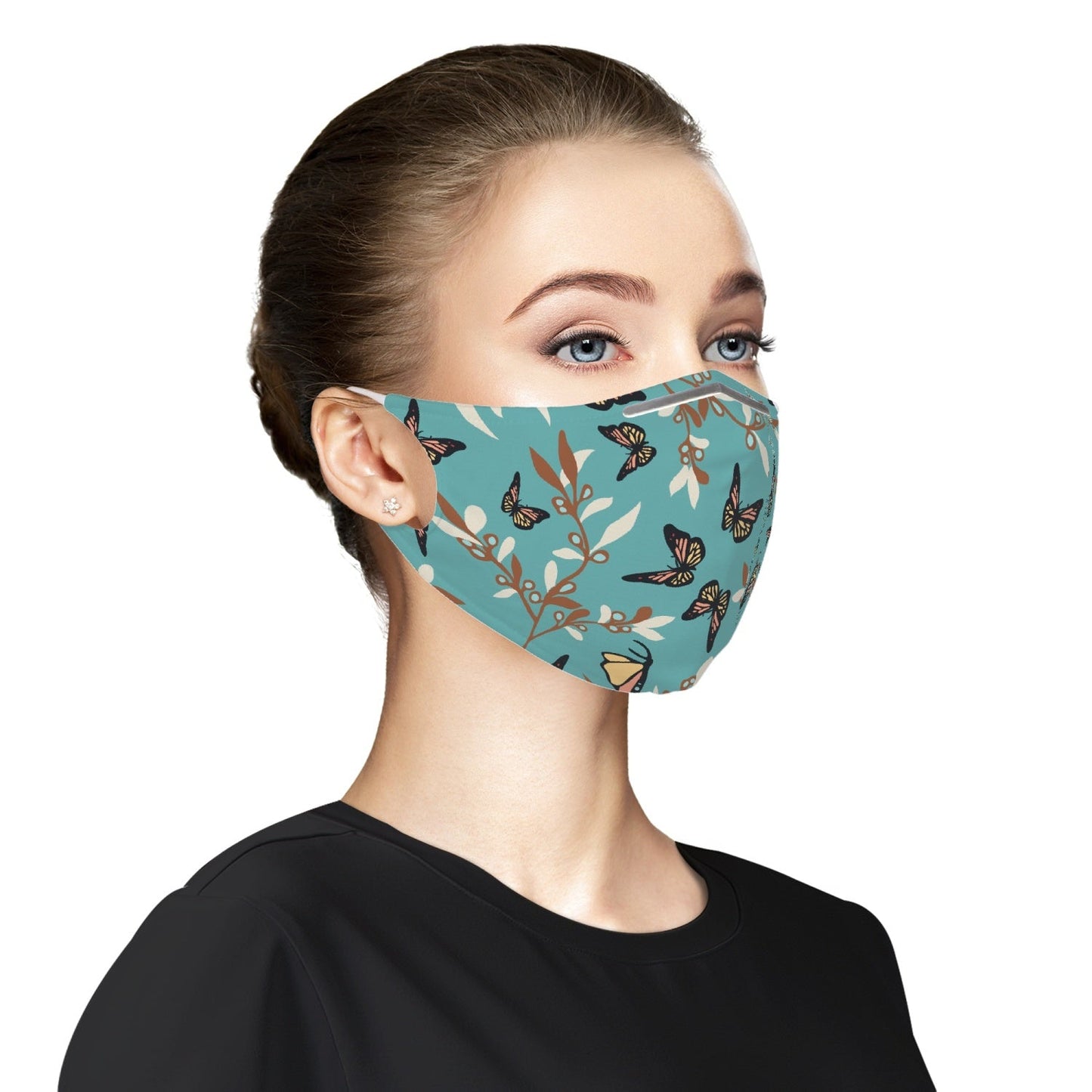 Mascarilla facial de tela con diseño de mariposa turquesa para adultos
