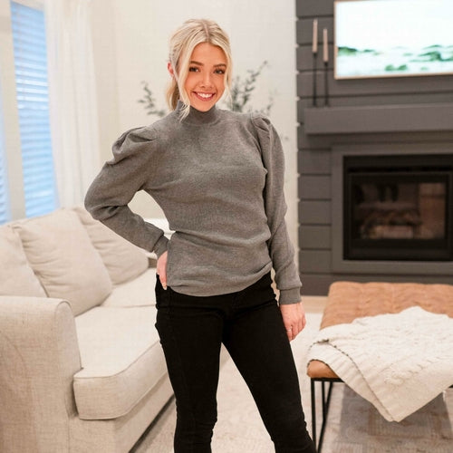 Pull à manches bouffantes et col montant pour femme