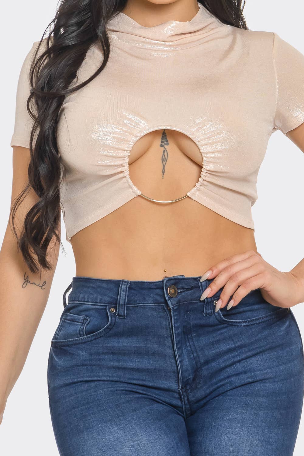 Slinky Foil Front O-Ring Cut Out Shirring Top