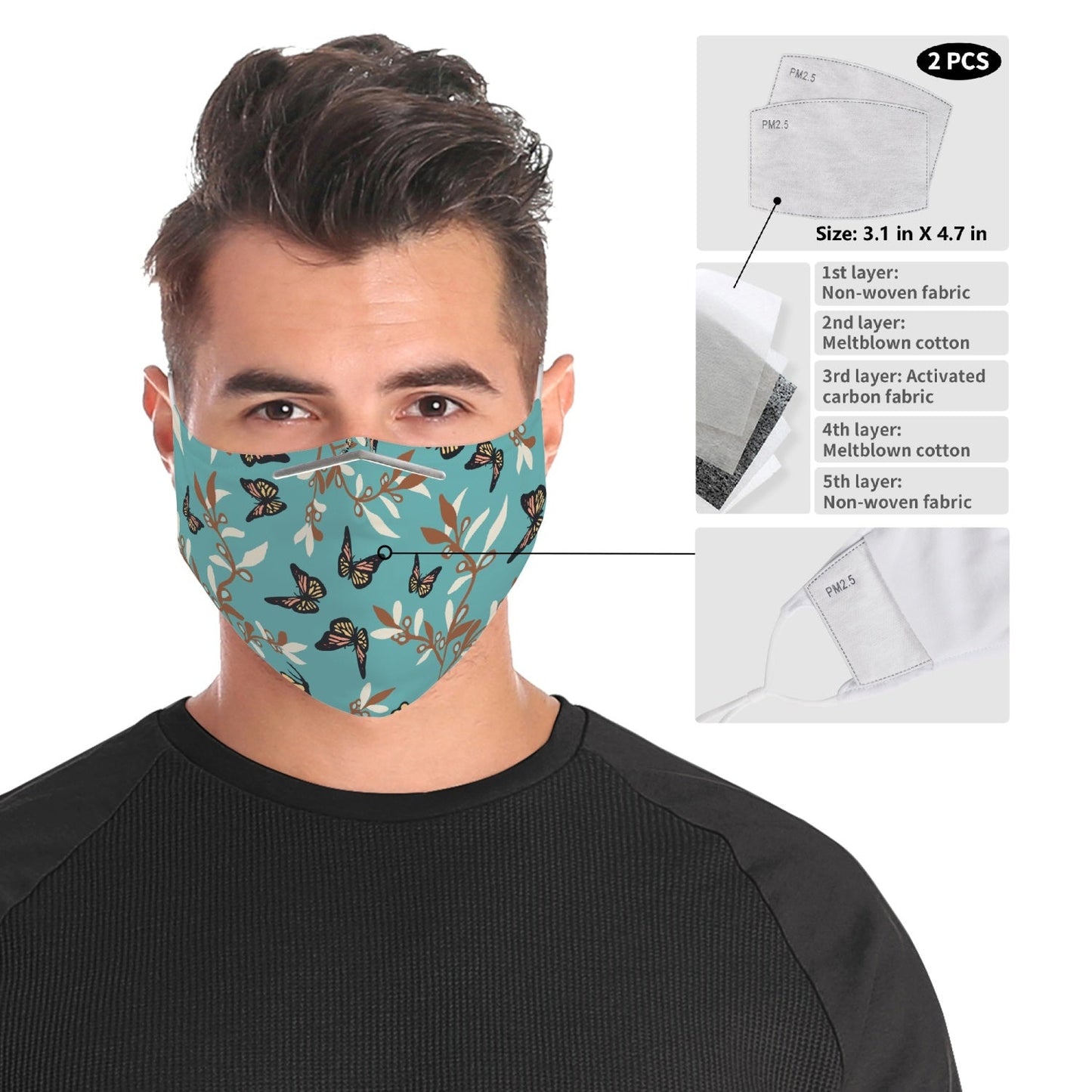 Mascarilla facial de tela con diseño de mariposa turquesa para adultos