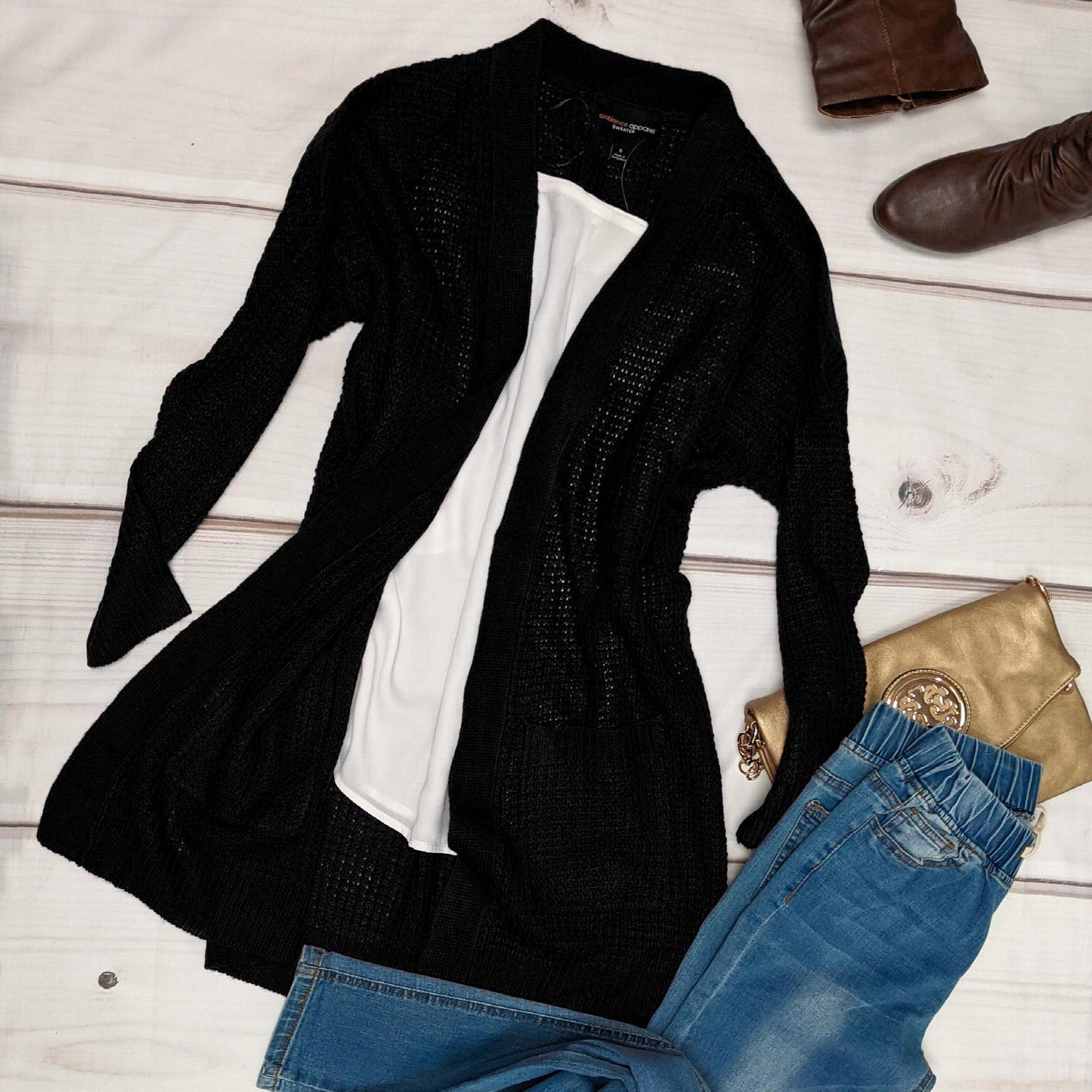 Pull cardigan ouvert à manches longues et poches en tricot gaufré